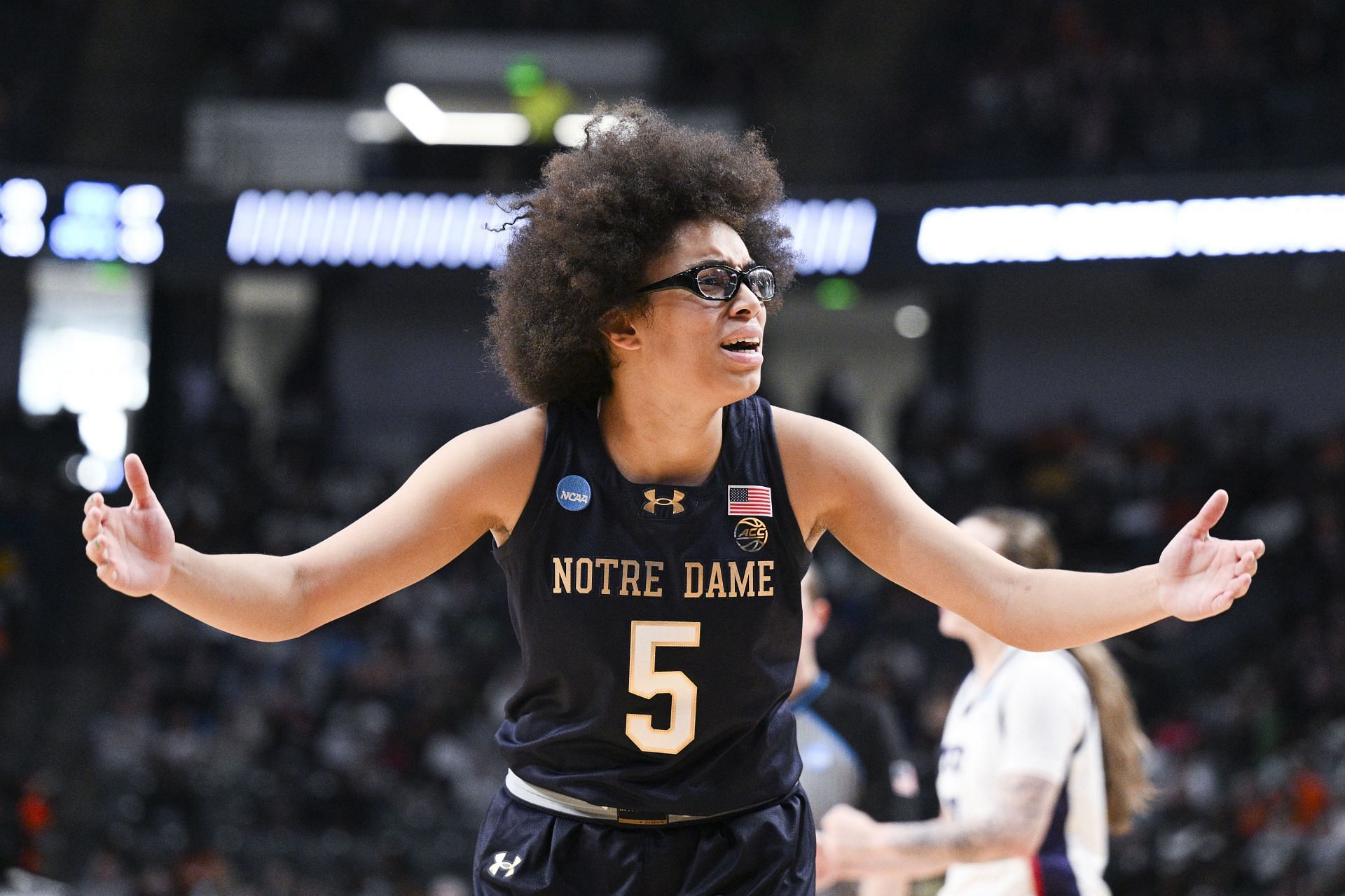 Olivia Miles (#5) reacts during the game against the TCU Horned Frogs in the Sweet Sixteen round of the 2025 NCAA Women's Basketball Tournament held at Legacy Arena at the BJCC. Photo: Getty